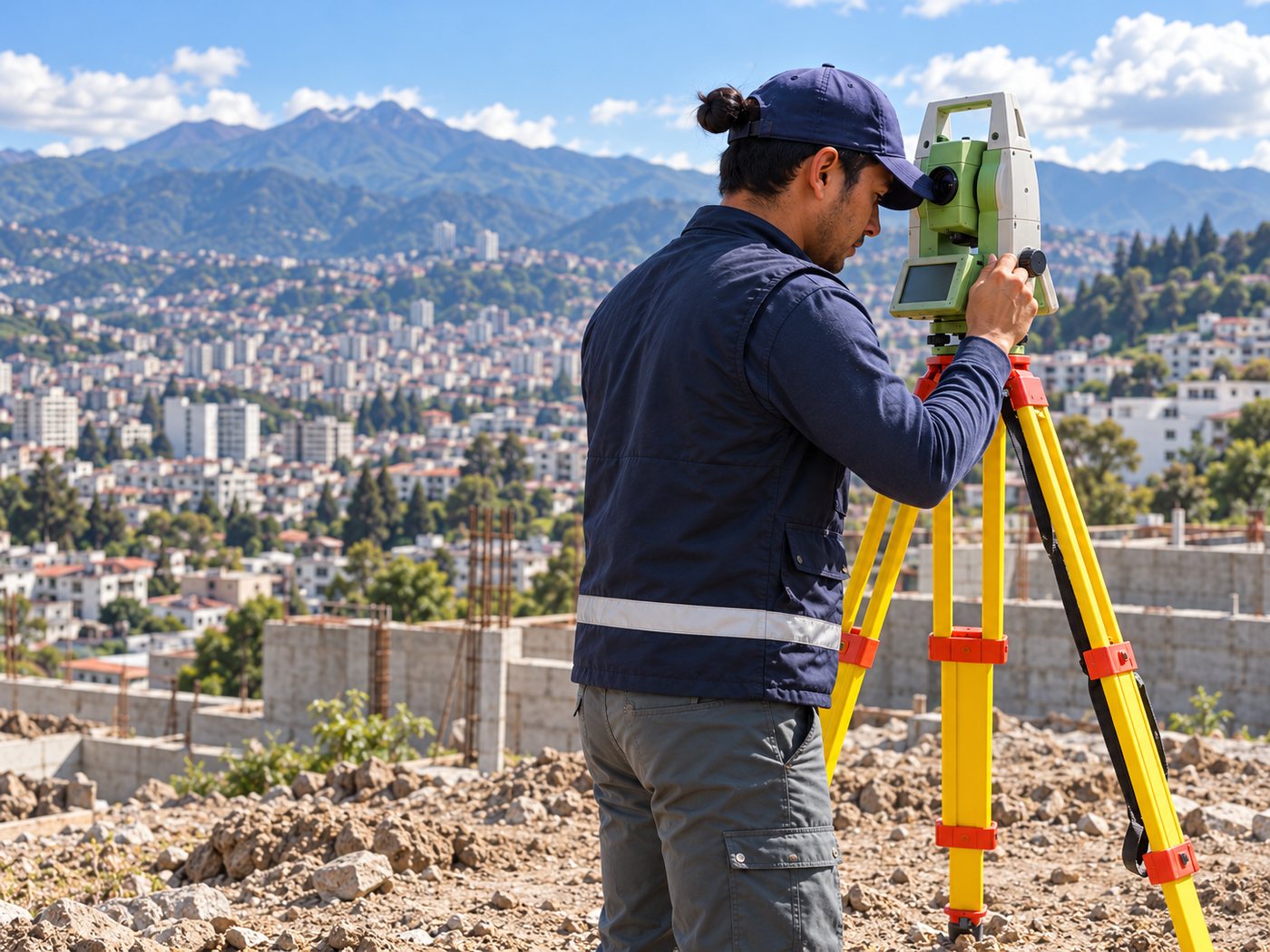 Topógrafo midiendo un terreno con estación total, con Quito al fondo