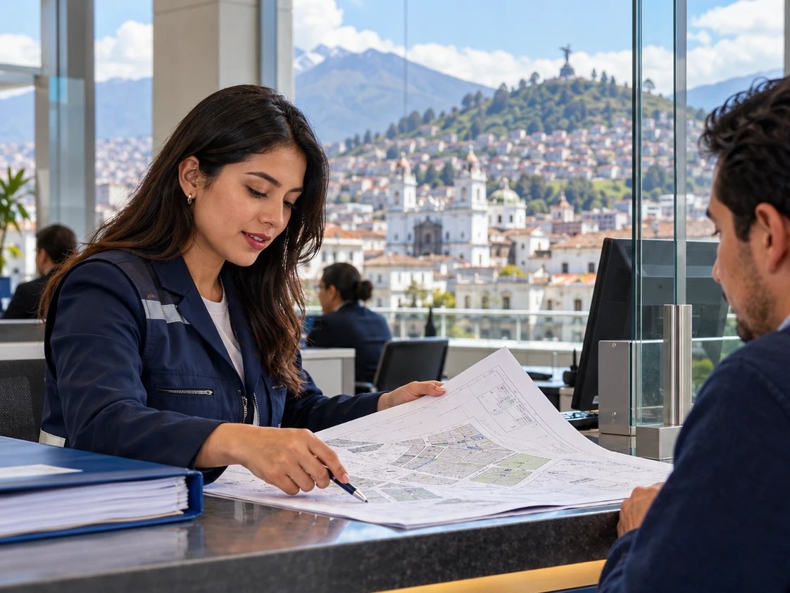 Revisión de un plano en una ventanilla de atención municipal